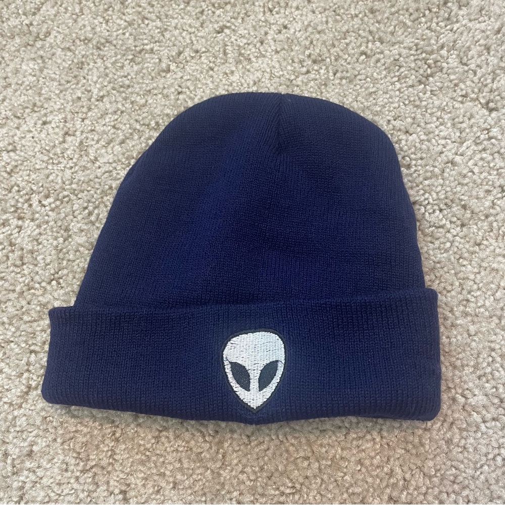 Alien Head Beanie Knit Cap Navy Blue One Size Winter Casual Warm Cute Folded